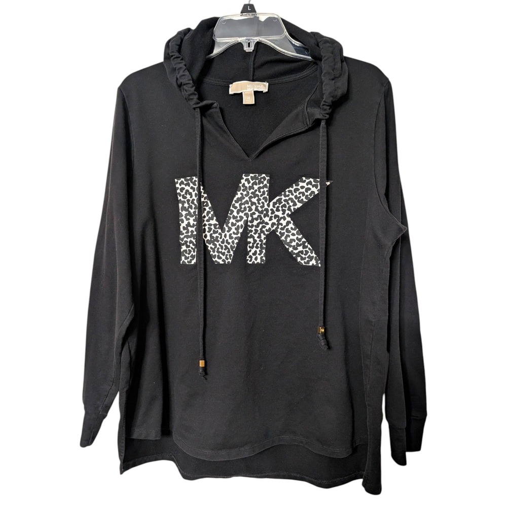 Michael Kors Womens Black Animal Print MK Logo Hoodie V-Neck Sweatshirt Size 1X